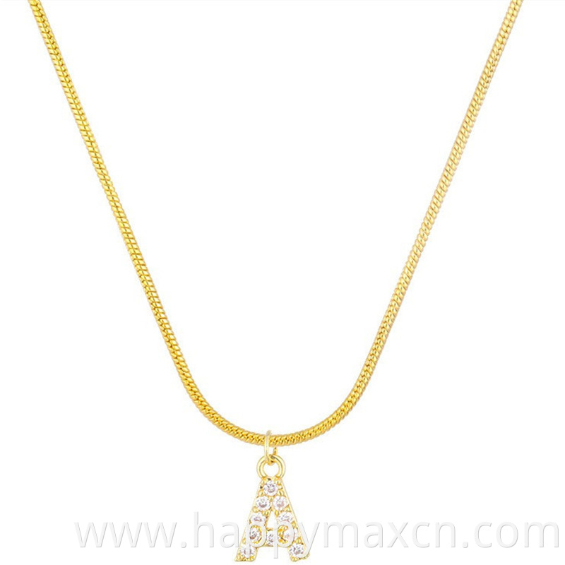 New Fashion 14k Gold Snake Bone Chain 26 Letters Zircon Pendant Necklace